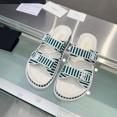Stripes Casual Flat Sandals Jade Green White