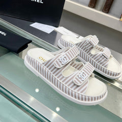 Stripes Casual Flat Sandals Gray White
