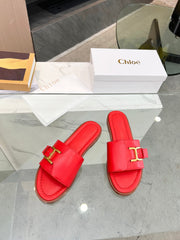 HLOE MARCIE SLIDE IN CHERRY RED CALFSKIN WITH GOLD HARDWARE