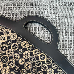 CHANEL 25S SHOPPING BAG 46 CM IN BLACK MIX BEIGE CANVAS PRINTED LOGO