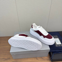 PRADA 25S DOWNTOWN BOLD SNEAKERS 45MM IN WHITE AND BURGUNDY CALFSKIN