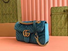GUCCI 25S GG MARMONT 26 CM IN DEEP TEAL BLUE VELVET WITH GOLD HARDWARE