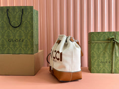 DRAWSTRING SHOULDER BAG LOGO PRINT 31 IN WHITE CANVAS BROWN CALFSKIN