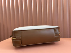 BEAU TOP HANDLE BAG 34 IN WHITE CANVAS AND WALNUT BROWN CALFSKIN TRIM