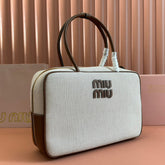 BEAU TOP HANDLE BAG 34 IN WHITE CANVAS AND WALNUT BROWN CALFSKIN TRIM