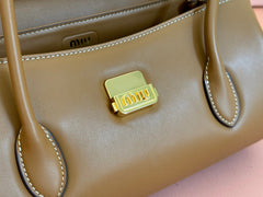 BEAU TOP HANDLE BAG 28 IN CHOCOLATE BROWN GLOSSY CALFSKIN GOLD HARDWARE