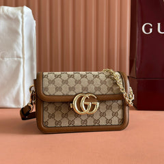 GO SMALL SHOULDER BAG 21.5 IN BEIGE CANVAS BROWN CALFSKIN