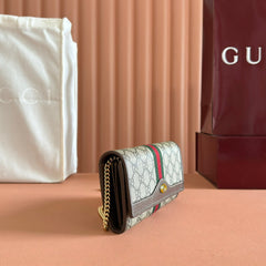 OPHIDIA WALLET ON CHAIN 19 IN BEIGE AND DARK BROWN COATED FABRIC AND BROWN CALFSKIN TRIM