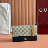 GG MARMONT WALLET ON CHAIN 20 BLUE PVC AND BEIGE IN CALFSKIN