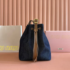 BUCKET BAG 29 DENIM BLUE AND BRANDY IN CANVAS