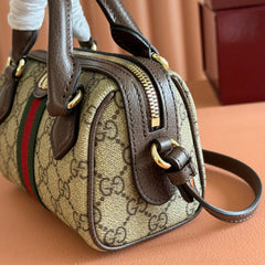 GUCCI 25S OPHIDIA MINI BOSTON BAG 16 IN BEIGE CANVAS AND BROWN CALFSKIN
