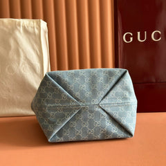 GUCCI 25S TOTISSIMA LARGE TOTE 22 CM IN BLUE DENIM AND BROWN CALFSKIN