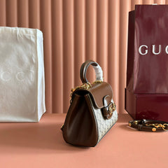 GUCCI 25S HORSEBIT 1955 MEDIUM SHOULDER BAG 22 CM IN DARK BEIGE CANVAS AND BROWN CALFSKIN WITH GOLD HARDWARE