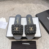 PLATFORM SLIPPERS LOGO IN BLACK TWEED AND LAMBSKIN