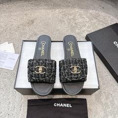 PLATFORM SLIPPERS LOGO IN BLACK TWEED AND LAMBSKIN