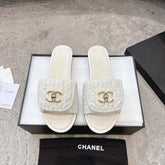 PLATFORM SLIPPERS LOGO IN WHITE TWEED AND LAMBSKIN