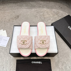 PLATFORM SLIPPERS LOGO IN WHITE MIX PINK TWEED AND LAMBSKIN