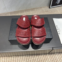 ALAIA CHUNKY TWO-STRAP SLIDES 25S IN DARK RED CALFSKIN