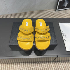 ALAIA DOUBLE-STRAP SANDALS 25S IN YELLOW CALFSKIN