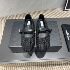 ALAIA MARY JANE FLATS WOVEN PATTERN 25S IN BLACK CALFSKIN