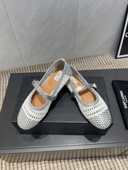 ALAIA MARY JANE FLATS WOVEN PATTERN 25S IN WHITE MIX GREY CALFSKIN