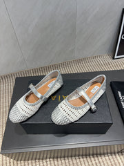 ALAIA MARY JANE FLATS WOVEN PATTERN 25S IN WHITE MIX GREY CALFSKIN