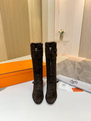 HM 25S RIDING BOOTS IN DARK COFFEE BROWN SUEDE WITH SILVER HARDWARE