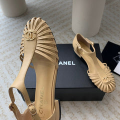 Summer New Hollow Roman Sandals Metalic gold Sheepskin