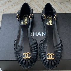 Summer New Hollow Roman Sandals Black Sheepskin