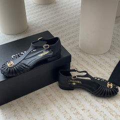 Summer New Hollow Roman Sandals Black Sheepskin