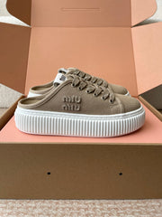 WASH SNEAKER MULES IN DARK BEIGE DENIM STRIPED LACES