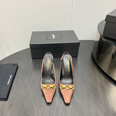 GOLD CHAIN ATTACHED HIGH SLINGBACK IN TOFFEE BROWN SILK