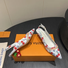 LV HIGH SLINGBACK LOGO AND CHERRY PRINT 25S 55MM IN WHITE DENIM