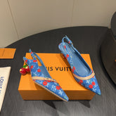 LV HIGH SLINGBACK LOGO AND CHERRY PRINT 25S 55MM IN BLUE DENIM