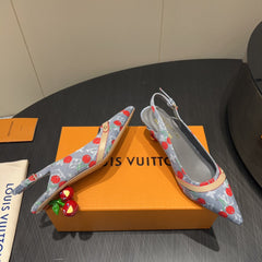 LV HIGH SLINGBACK LOGO AND CHERRY PRINT 25S 55MM IN GREY DENIM