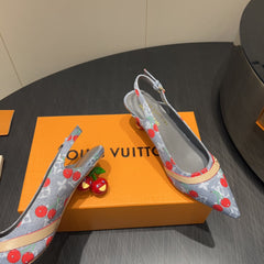 LV HIGH SLINGBACK LOGO AND CHERRY PRINT 25S 55MM IN GREY DENIM