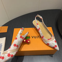LV HIGH SLINGBACK LOGO AND CHERRY PRINT 25S 55MM IN BLUSH NUDE DENIM