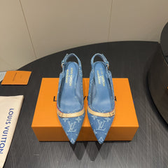 LV HIGH SLINGBACK LOGO PRINT 25S 55MM IN BLUE DENIM