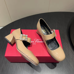 ROGER VIVIER 25S TRÈS VIVIER 50MM IN BEIGE CALFSKIN WITH RHINESTONE BUCKLE