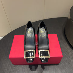 ROGER VIVIER 25S BELLE VIVIER PUMPS 70MM IN BLACK CALFSKIN GOLD BUCKLE