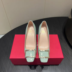 ROGER VIVIER 25S BELLE VIVIER PUMPS 70MM IN PALE MINT GREEN CALFSKIN GOLD BUCKLE