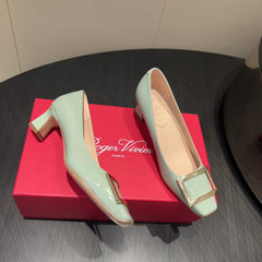 ROGER VIVIER 25S BELLE VIVIER PUMPS 45MM IN PALE MINT GREEN CALFSKIN GOLD BUCKLE