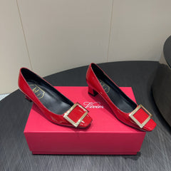ROGER VIVIER 25S BELLE VIVIER PUMPS 45MM IN CRIMSON RED CALFSKIN GOLD BUCKLE