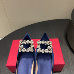 ROGER VIVIER 25S POINTED TOE HIGH HEELS 70MM IN DARK BLUE VELVET EMBELLISHED CRYSTALS