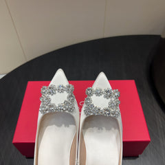 ROGER VIVIER 25S POINTED TOE HIGH HEELS 70MM IN IVORY SILK EMBELLISHED CRYSTALS