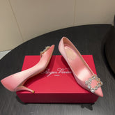 ROGER VIVIER 25S POINTED TOE HIGH HEELS 70MM IN BABY PINK SILK EMBELLISHED CRYSTALS