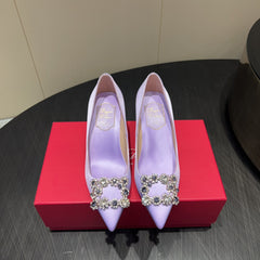 ROGER VIVIER 25S POINTED TOE HIGH HEELS 70MM IN LAVENDER SILK EMBELLISHED CRYSTALS