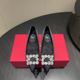 ROGER VIVIER 25S GRETE BALLET FLATS IN BLACK SILK WITH EMBELLISHED CRYSTALS