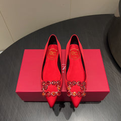 ROGER VIVIER 25S GRETE BALLET FLATS IN BRIGHT RED SILK WITH EMBELLISHED CRYSTALS