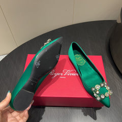 ROGER VIVIER 25S GRETE BALLET FLATS IN TEAL GREEN SILK WITH EMBELLISHED CRYSTALS